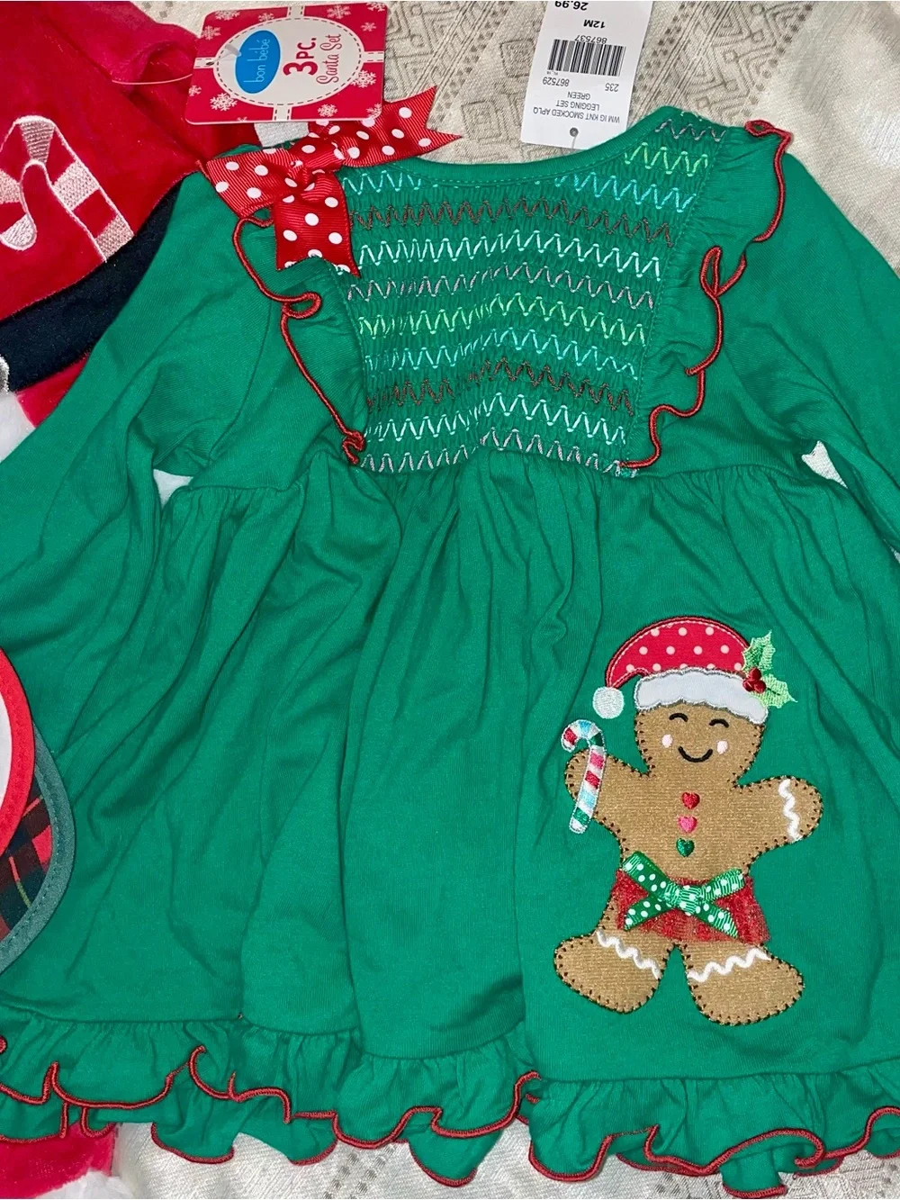 Santa Outfit Set, Green Gingerbread Dress and 1st Christmas bibs! 12 months